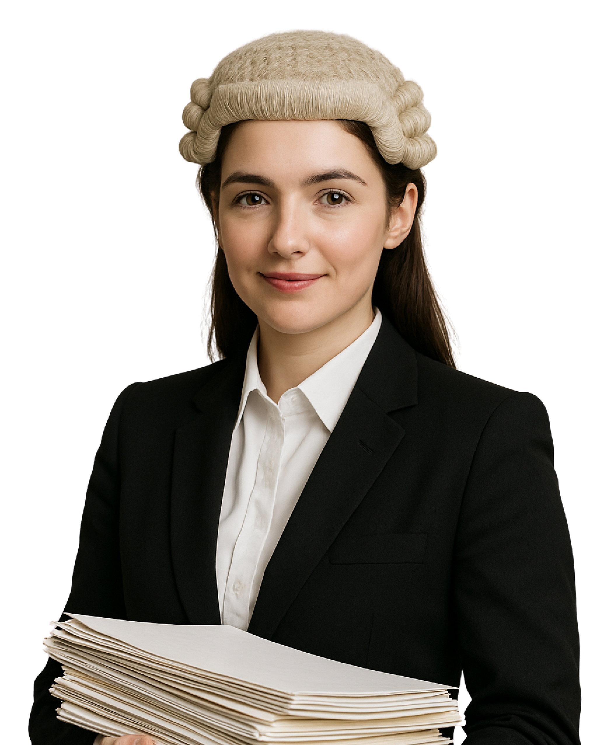 Barrister in wig and gown holding a stack of legal papers