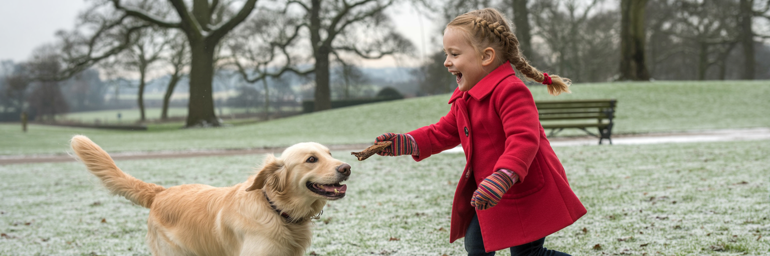 Child playing happily with her dog