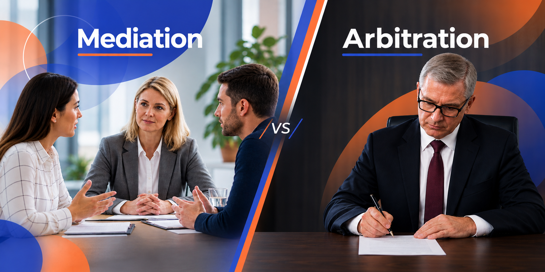 Arbitration vs mediation compared, a mediator facilitating discussion beside an arbitrator making a decision