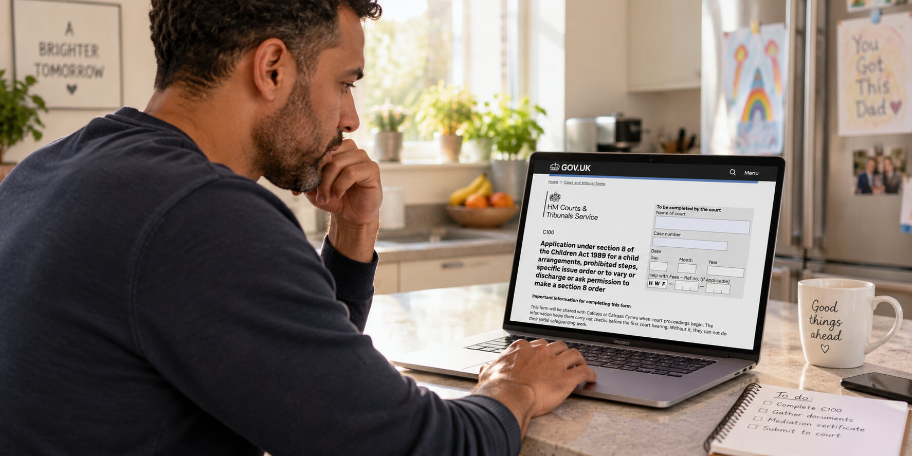 Parent completing an online C100 application to apply for a child arrangements order